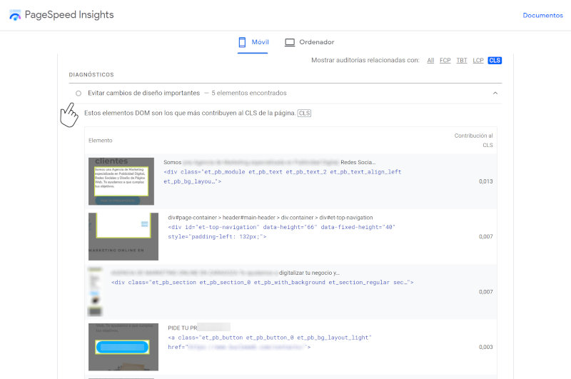 Google PageSpeed Insights Evitar cambios de diseño importantes